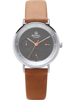 Silver multifunction watch with grey and silver dial, rose gold hands and tan leather strap