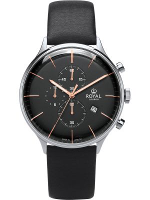 Silver chronograph watch with black dial, rose gold hands and black leather strap