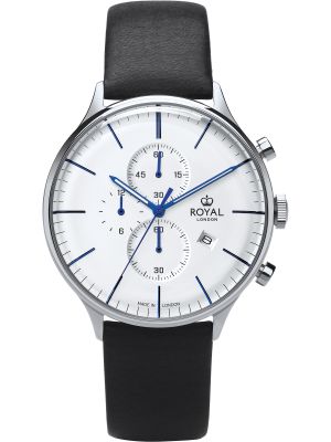 Silver chronograph watch with silver dial, blue hands and black leather strap