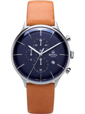 Silver chronograph watch with blue dial, silver hands and tan leather strap