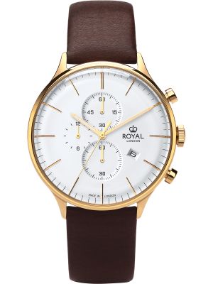 Gold chronograph watch with silver dial, gold hands and brown leather strap