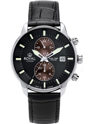 Silver dual time watch with black dial, luminous hands and black leather strap