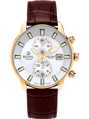 Rose gold dual time watch with white dial, luminous hands and black leather strap