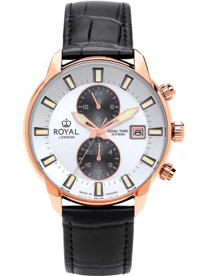 Rose gold dual time watch with white dial, luminous hands and black leather strap