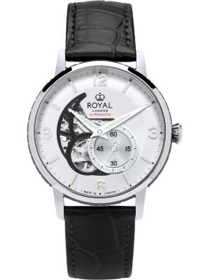 Silver skeleton automatic watch with silver dial, luminous hands and black leather strap