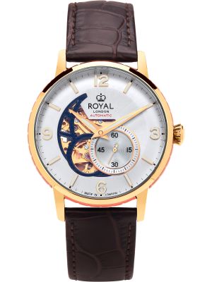 Gold skeleton automatic watch with silver dial, luminous hands and brown leather strap