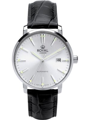 Silver automatic watch with silver dial, luminous hands and black leather strap