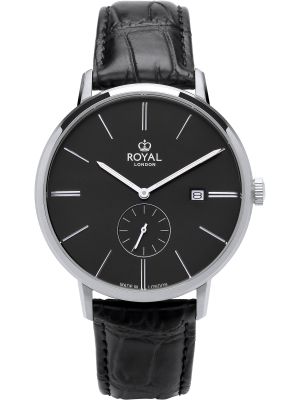 Silver watch with black dial, silver hands and black leather strap