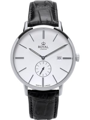 Silver watch with white dial, grey hands and black leather strap