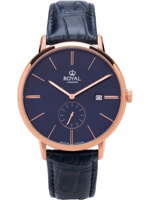 Rose gold watch with blue dial, rose gold hands and blue leather strap