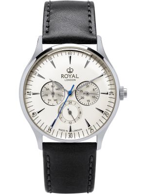 Silver watch with silver dial, silver and blue hands and black leather strap