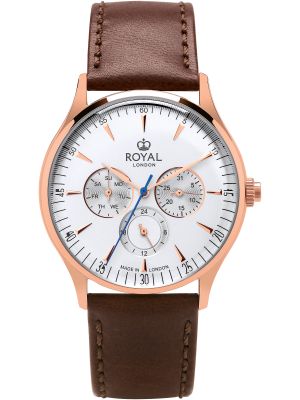 Rose gold watch with silver dial, rose gold and blue hands and brown leather strap