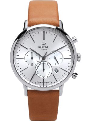 Silver watch with silver dial, grey hands and tan leather strap