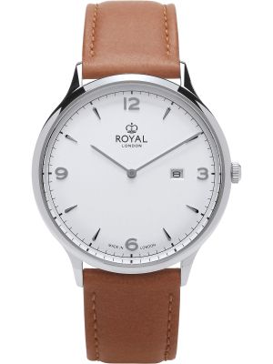 Silver watch with silver dial, silver hands and tan leather strap