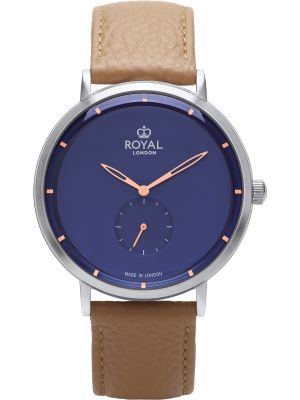 Silver watch with blue dial, rose gold hands and brown leather strap