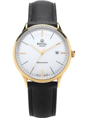 Gold automatic watch with silver dial, gold hands and black leather strap