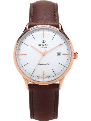 Gold automatic watch with silver dial, gold hands and black leather strap