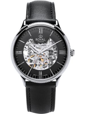 Silver skeleton automatic watch with silver dial, rose gold hands and tan leather strap