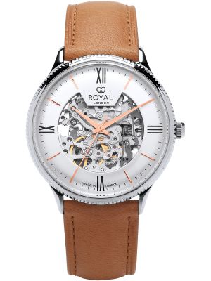 Silver skeleton automatic watch with silver dial, rose gold hands and tan leather strap