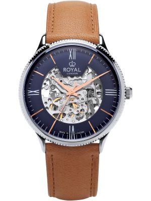Silver skeleton automatic watch with blue dial, rose gold hands and tan leather strap