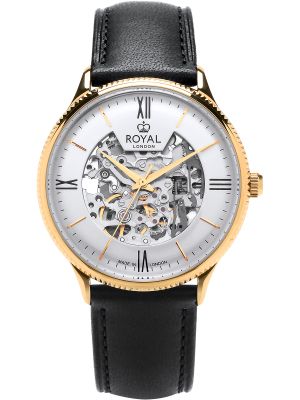 Gold skeleton automatic watch with silver dial, gold hands and black leather strap