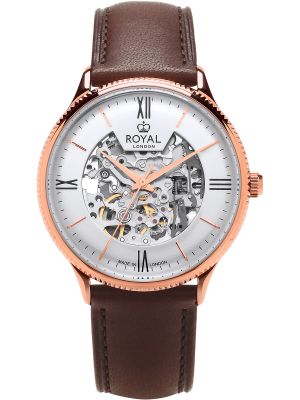 Rose gold skeleton automatic watch with silver dial, rose gold hands and brown leather strap