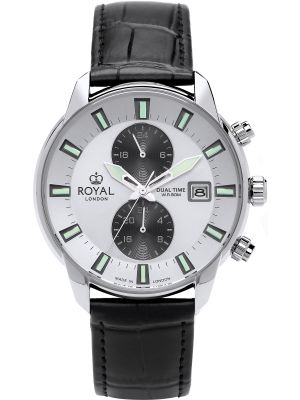 Silver dual time watch with white dial, luminous hands and black leather strap