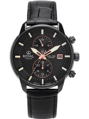 Black dual time watch with black dial, luminous hands and black leather strap