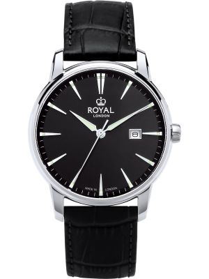 Silver watch with black dial, luminous hands and black leather strap