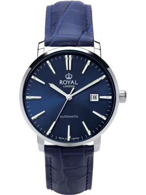 Silver automatic watch with blue dial, luminous hands and blue leather strap
