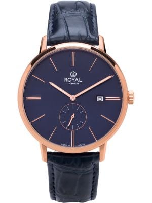 Rose gold watch with blue dial, rose gold hands and blue leather strap