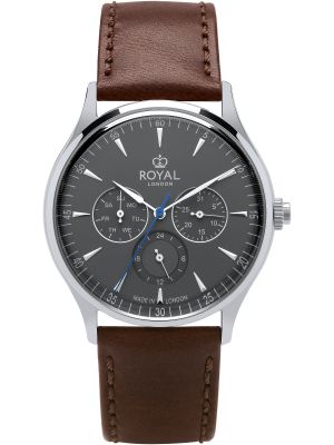 Silver watch with grey dial, silver and blue hands and brown leather strap