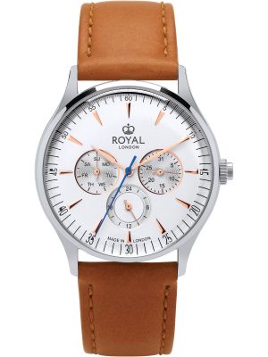 Silver watch with silver dial, rose gold and blue hands and tan leather strap