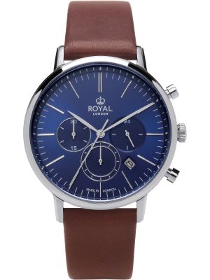 Silver watch with blue dial, silver hands and brown leather strap