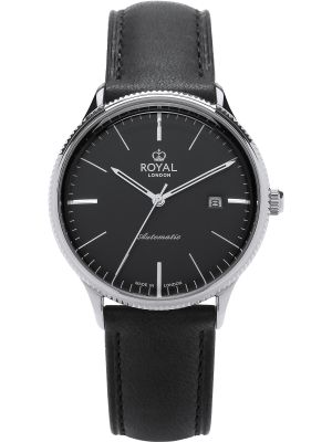 Silver automatic watch with black dial, silver hands and black leather strap