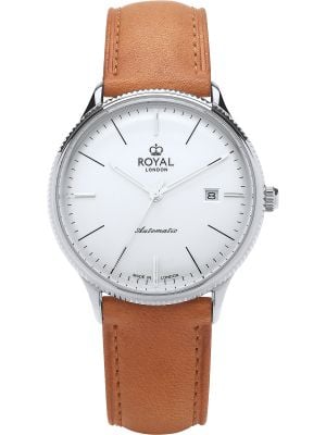 Silver automatic watch with silver dial, silver hands and tan leather strap