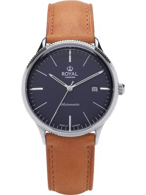 Silver automatic watch with blue dial, silver hands and tan leather strap